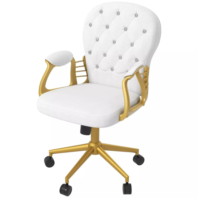 Image of a fabulous white tufted velvet office chair with gold arms and swivel wheels, padded armrests, adjustable height and reclining feature. Perfect for those who love a bit a of glam.