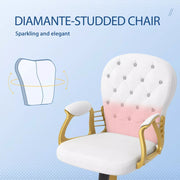 Image of a fabulous white tufted velvet office chair with gold arms and swivel wheels, padded armrests, adjustable height and reclining feature. Perfect for those who love a bit a of glam.