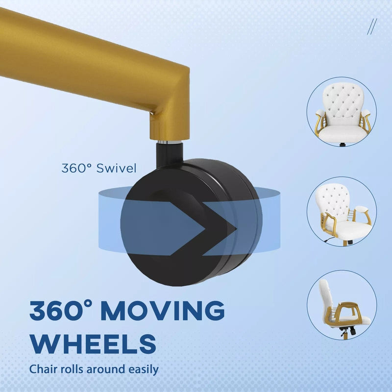 Image of a fabulous white tufted velvet office chair with gold arms and swivel wheels, padded armrests, adjustable height and reclining feature. Perfect for those who love a bit a of glam.