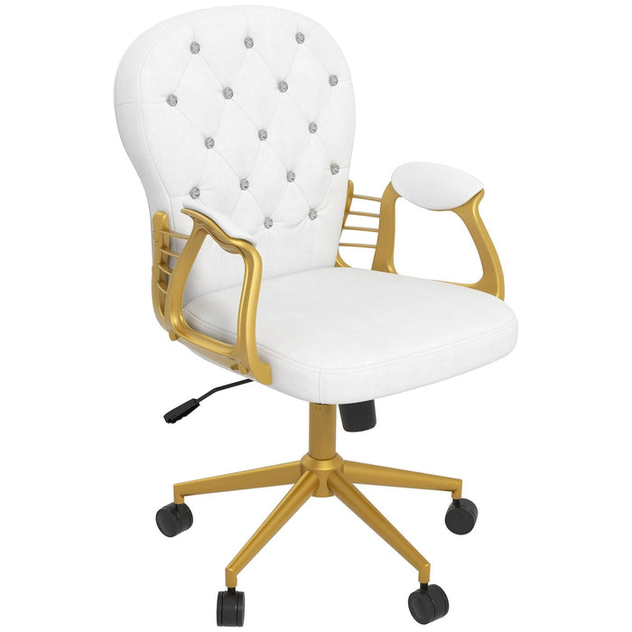 Image of a fabulous white tufted velvet office chair with gold arms and swivel wheels, padded armrests, adjustable height and reclining feature. Perfect for those who love a bit a of glam.