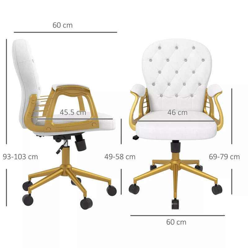 Image of a fabulous white tufted velvet office chair with gold arms and swivel wheels, padded armrests, adjustable height and reclining feature. Perfect for those who love a bit a of glam.