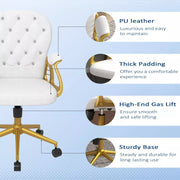 Image of a fabulous white tufted velvet office chair with gold arms and swivel wheels, padded armrests, adjustable height and reclining feature. Perfect for those who love a bit a of glam.