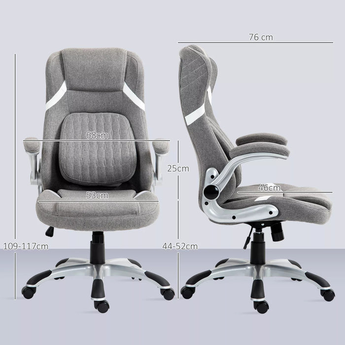 Image of a Grey Linen Vinsetto Ergonomic Desk Chair With Lumbar Support, Swivel Wheels, Lift Up Arms, Adjustable Height For Home Office.