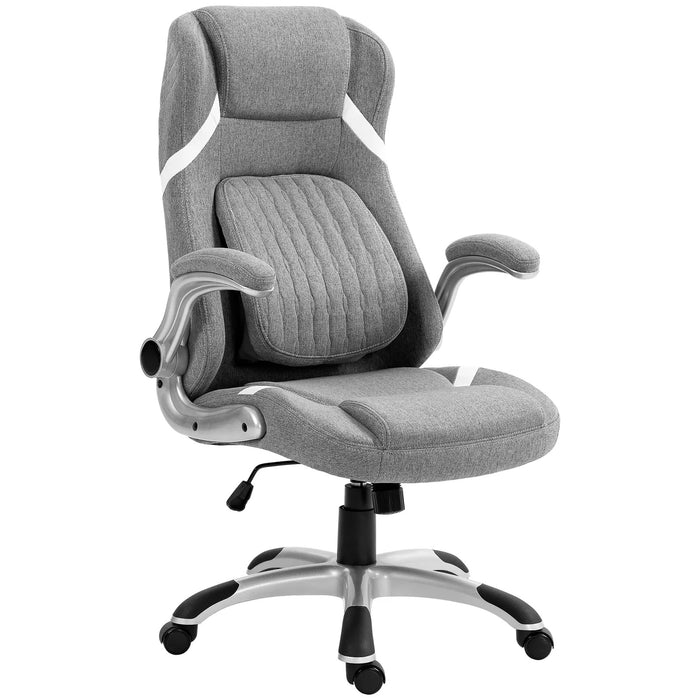 Image of a Grey Linen Vinsetto Ergonomic Desk Chair With Lumbar Support, Swivel Wheels, Lift Up Arms, Adjustable Height For Home Office.