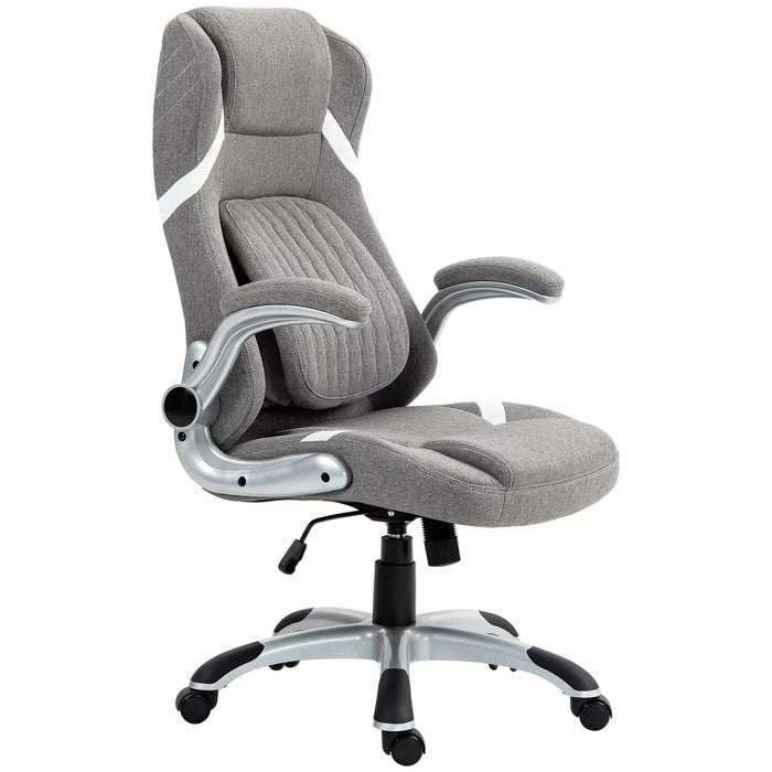 Image of a Grey Linen Vinsetto Ergonomic Desk Chair With Lumbar Support, Swivel Wheels, Lift Up Arms, Adjustable Height For Home Office.