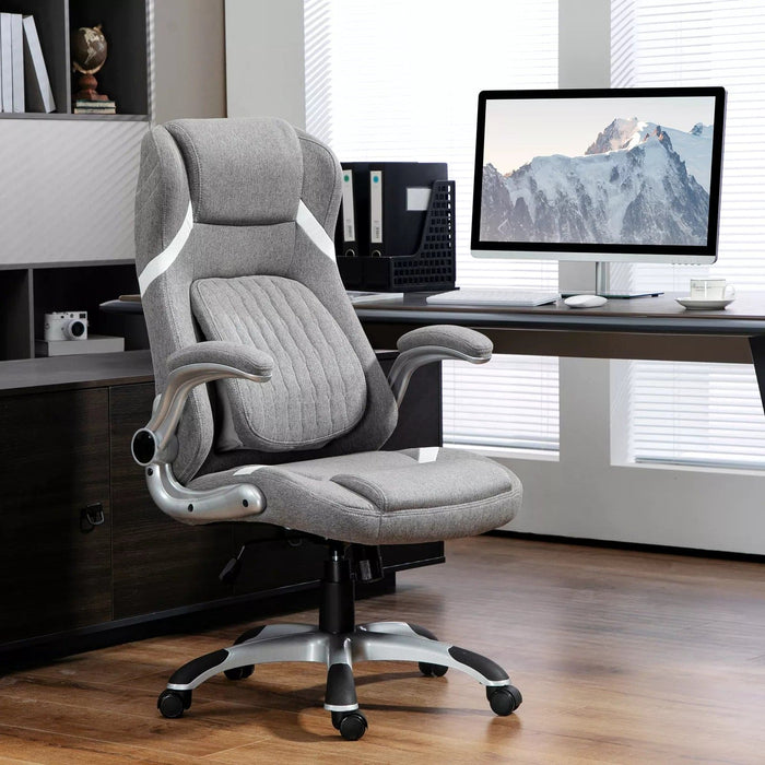 Image of a Grey Linen Vinsetto Ergonomic Desk Chair With Lumbar Support, Swivel Wheels, Lift Up Arms, Adjustable Height For Home Office.