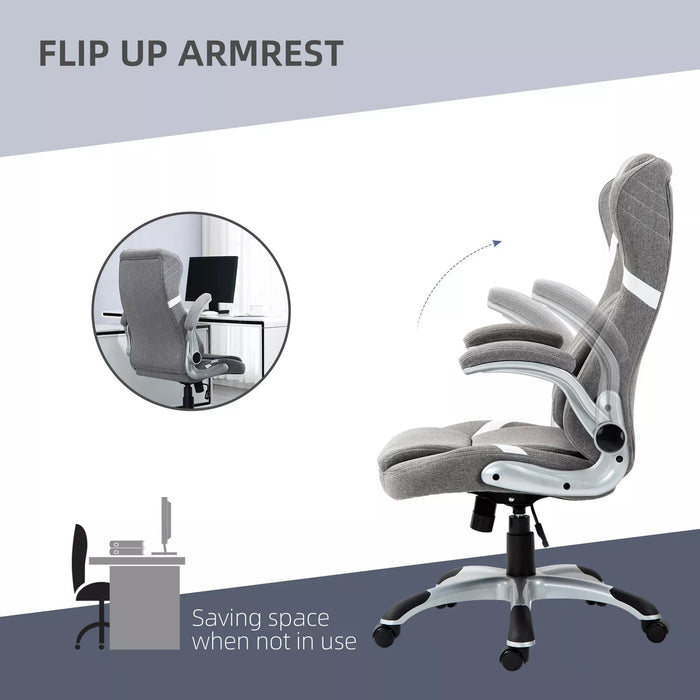 Image of a Grey Linen Vinsetto Ergonomic Desk Chair With Lumbar Support, Swivel Wheels, Lift Up Arms, Adjustable Height For Home Office.