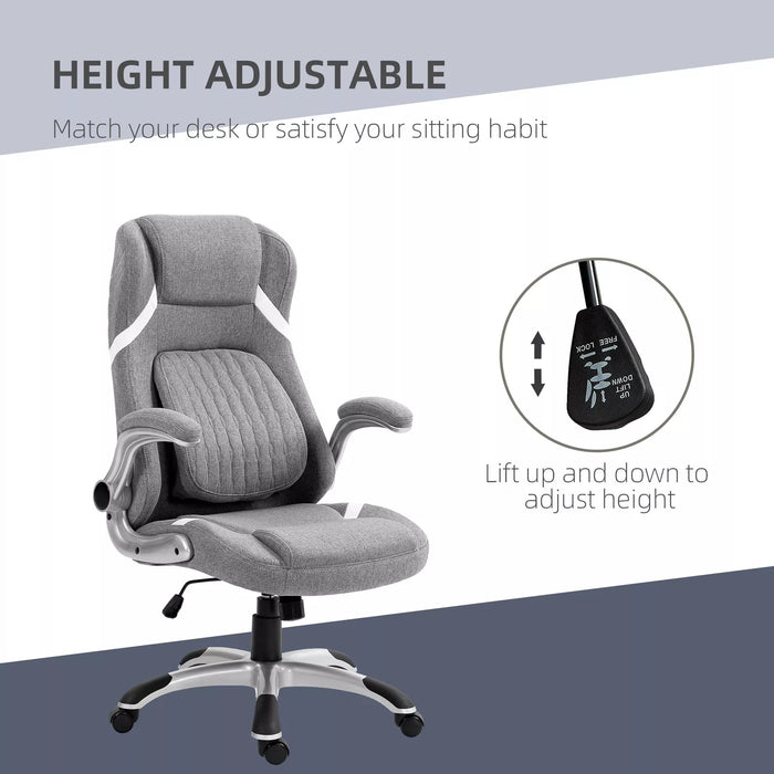 Image of a Grey Linen Vinsetto Ergonomic Desk Chair With Lumbar Support, Swivel Wheels, Lift Up Arms, Adjustable Height For Home Office.