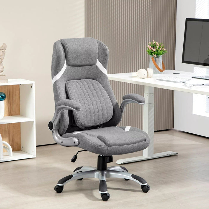 Image of a Grey Linen Vinsetto Ergonomic Desk Chair With Lumbar Support, Swivel Wheels, Lift Up Arms, Adjustable Height For Home Office.