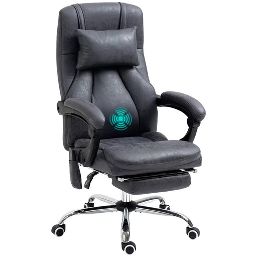 Image of a Dark Grey Vinsetto High Back Computer Desk Chair With Footrest, Vibrating Massage, Lumbar Support, Neck Pillow, Swivel Wheels, Padded Arms, Reclining Back. A stylish comfy desk chair for home office.