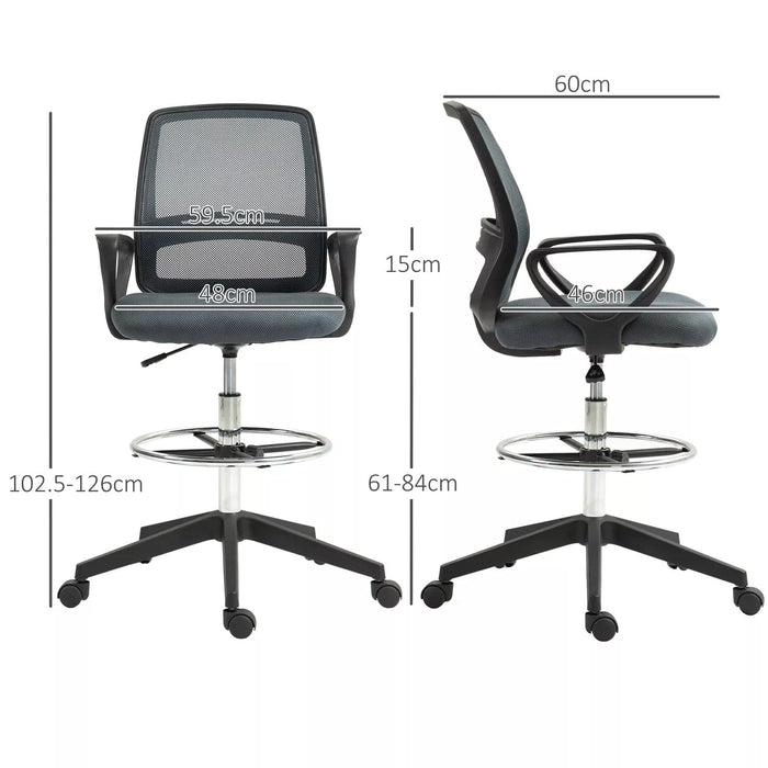 Image of a Grey Vinsetto Ergonomic Mesh Back Drafting Chair. A tall office chair ideal for home office standing desks.