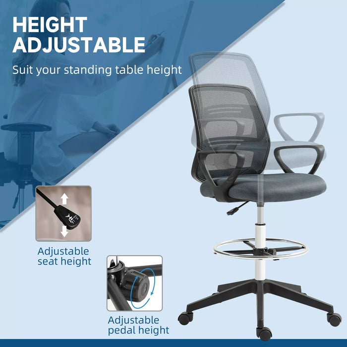 Image of a Grey Vinsetto Ergonomic Mesh Back Drafting Chair. A tall office chair ideal for home office standing desks.