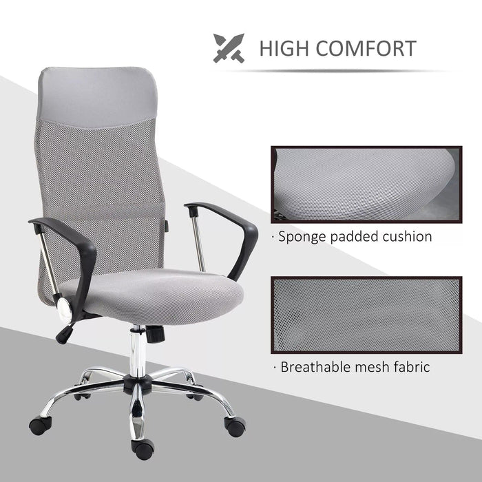 Image of a Grey Vinsetto Ergonomic Mesh High Back Swivel Desk Chair With Wheels, Arms, and Adjustable Height For Office or Home Office.