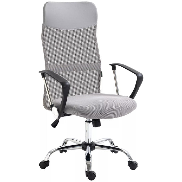 Image of a Grey Vinsetto Ergonomic Mesh High Back Swivel Desk Chair With Wheels, Arms, and Adjustable Height For Office or Home Office.