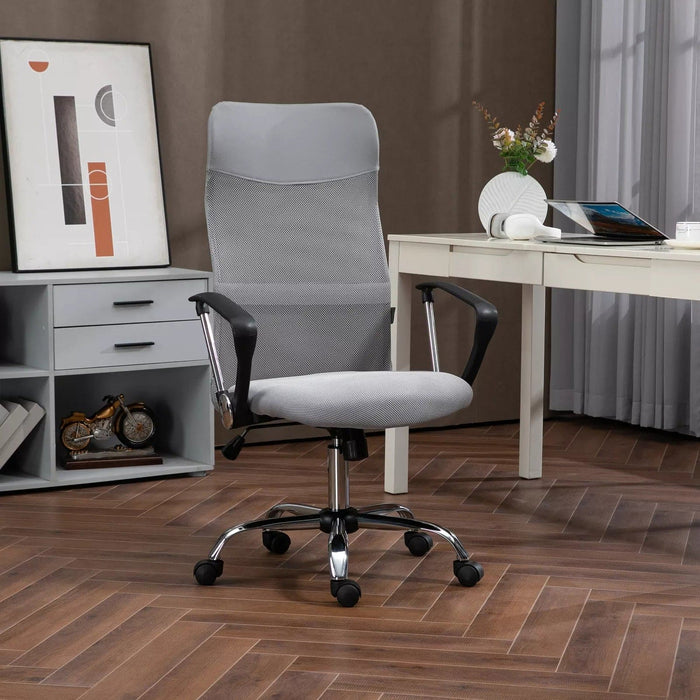 Image of a Grey Vinsetto Ergonomic Mesh High Back Swivel Desk Chair With Wheels, Arms, and Adjustable Height For Office or Home Office.