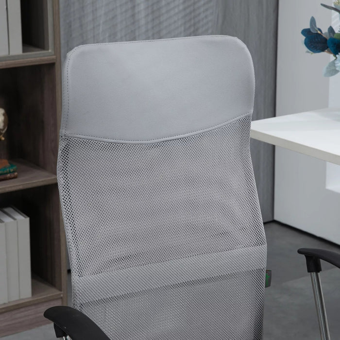 Image of a Grey Vinsetto Ergonomic Mesh High Back Swivel Desk Chair With Wheels, Arms, and Adjustable Height For Office or Home Office.