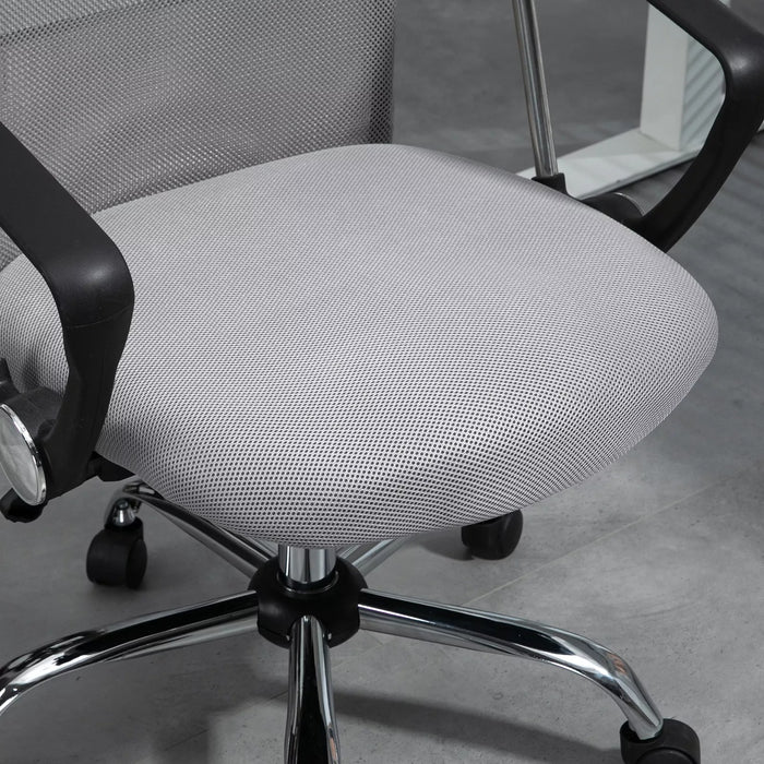 Image of a Grey Vinsetto Ergonomic Mesh High Back Swivel Desk Chair With Wheels, Arms, and Adjustable Height For Office or Home Office.