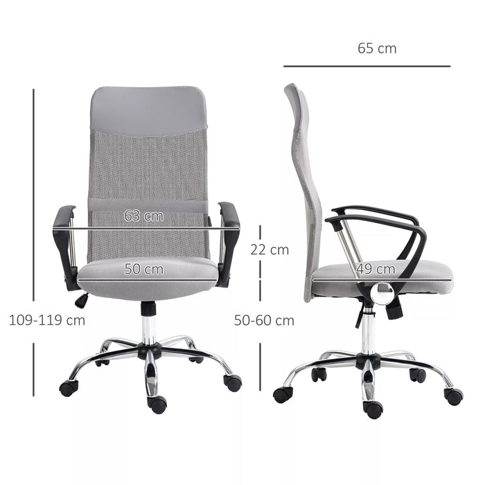 Image of a Grey Vinsetto Ergonomic Mesh High Back Swivel Desk Chair With Wheels, Arms, and Adjustable Height For Office or Home Office.