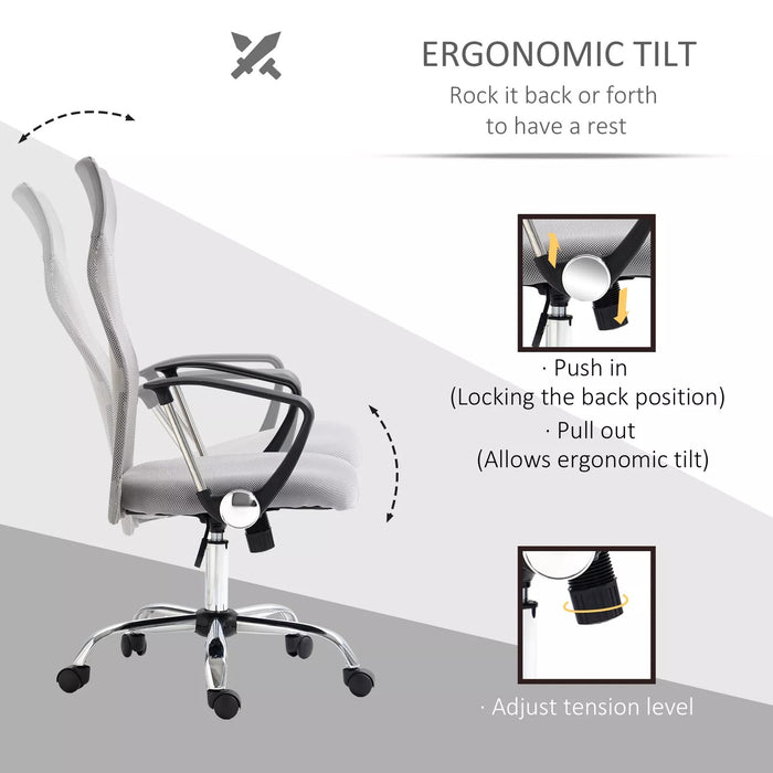 Image of a Grey Vinsetto Ergonomic Mesh High Back Swivel Desk Chair With Wheels, Arms, and Adjustable Height For Office or Home Office.