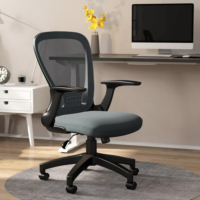 Image of a Grey Vinsetto Ergonomic Mesh Office Chair With Lumbar Support, Adjustable Height, Adjustable Flip Up Armrests, Swivel Wheels. Suitable For Home or Office.