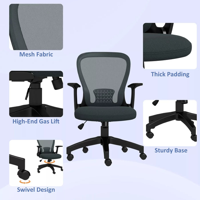 Image of a Grey Vinsetto Ergonomic Mesh Office Chair With Lumbar Support, Adjustable Height, Adjustable Flip Up Armrests, Swivel Wheels. Suitable For Home or Office.