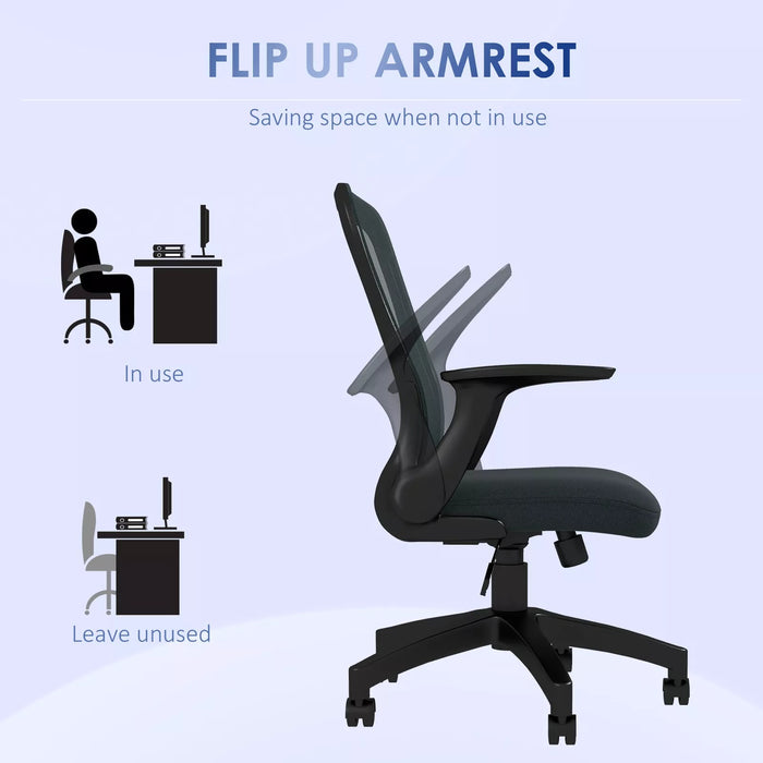 Image of a Grey Vinsetto Ergonomic Mesh Office Chair With Lumbar Support, Adjustable Height, Adjustable Flip Up Armrests, Swivel Wheels. Suitable For Home or Office.