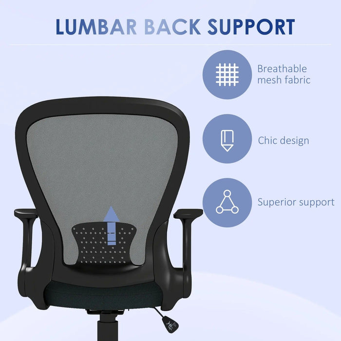 Image of a Grey Vinsetto Ergonomic Mesh Office Chair With Lumbar Support, Adjustable Height, Adjustable Flip Up Armrests, Swivel Wheels. Suitable For Home or Office.