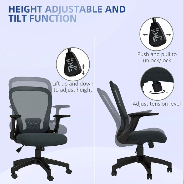 Image of a Grey Vinsetto Ergonomic Mesh Office Chair With Lumbar Support, Adjustable Height, Adjustable Flip Up Armrests, Swivel Wheels. Suitable For Home or Office.