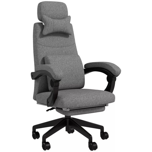 Image of a Grey Fabric Vinsetto Ergonomic Office Chair With Footrest, removable Neck and Back Pillows, Adjustable Height, Reclining Backrest, Swivel Wheels For Home Office.