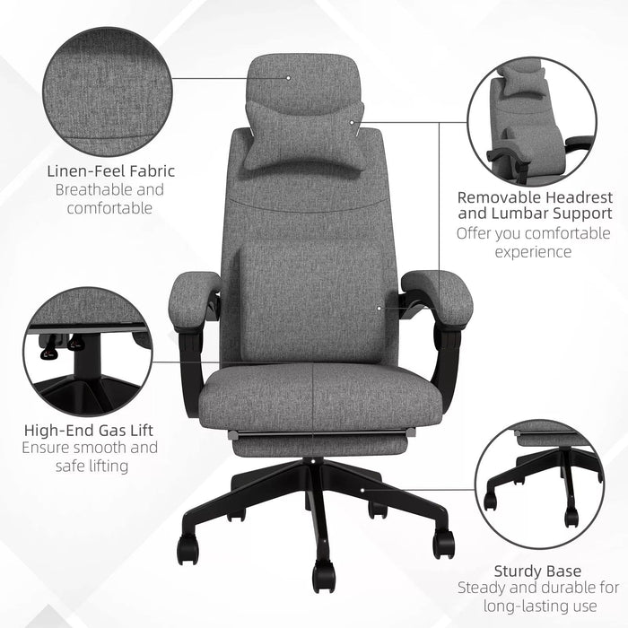 Image of a Grey Fabric Vinsetto Ergonomic Office Chair With Footrest, removable Neck and Back Pillows, Adjustable Height, Reclining Backrest, Swivel Wheels For Home Office.