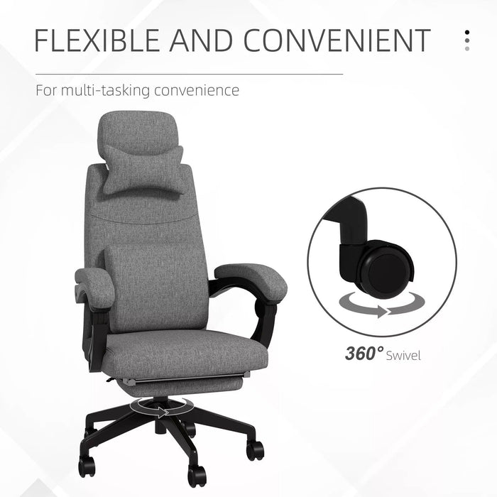 Image of a Grey Fabric Vinsetto Ergonomic Office Chair With Footrest, removable Neck and Back Pillows, Adjustable Height, Reclining Backrest, Swivel Wheels For Home Office.