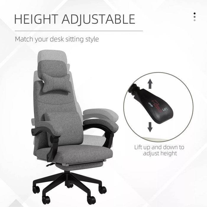 Image of a Grey Fabric Vinsetto Ergonomic Office Chair With Footrest, removable Neck and Back Pillows, Adjustable Height, Reclining Backrest, Swivel Wheels For Home Office.