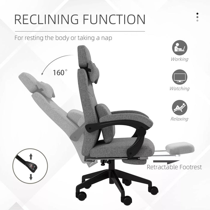 Image of a Grey Fabric Vinsetto Ergonomic Office Chair With Footrest, removable Neck and Back Pillows, Adjustable Height, Reclining Backrest, Swivel Wheels For Home Office.