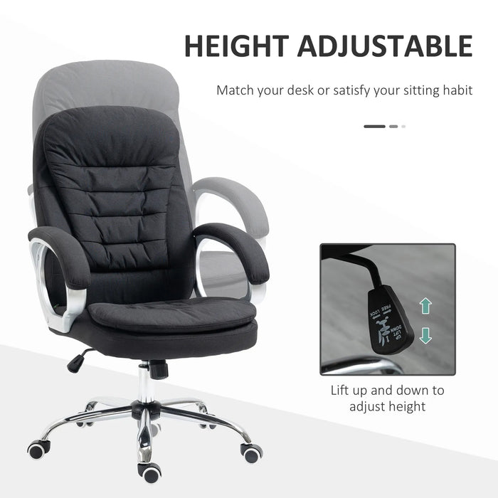 Image of a Vinsetto Executive Office Desk Chair With Wheels Wrapped in Black Linen Fabric With 360° Swivel Wheels, Padded Armrests and Adjustable Height. Suitable For Home or Office.