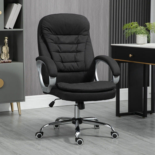 Image of a Vinsetto Executive Office Desk Chair With Wheels Wrapped in Black Linen Fabric With 360° Swivel Wheels, Padded Armrests and Adjustable Height. Suitable For Home or Office.