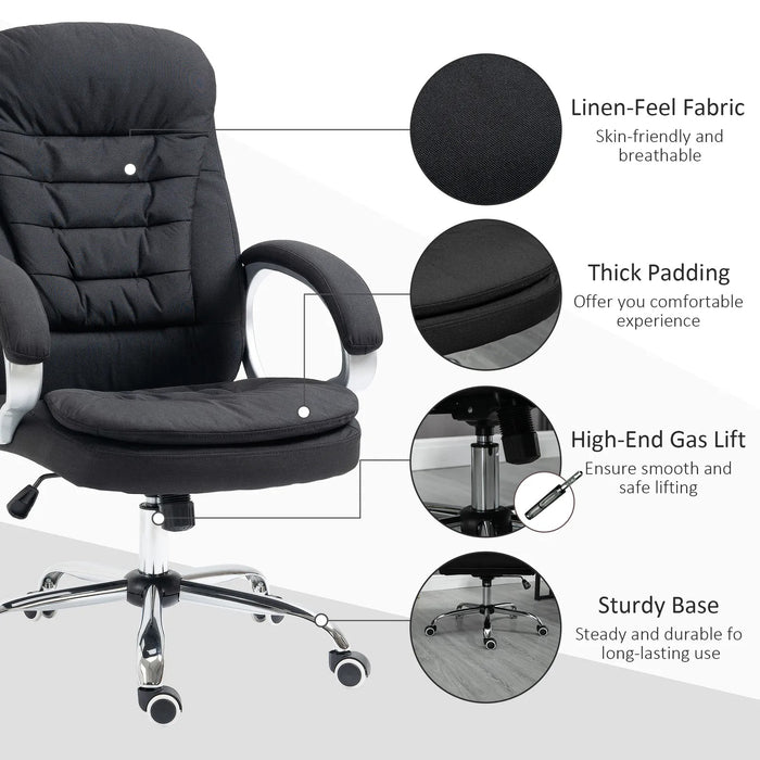 Image of a Vinsetto Executive Office Desk Chair With Wheels Wrapped in Black Linen Fabric With 360° Swivel Wheels, Padded Armrests and Adjustable Height. Suitable For Home or Office.