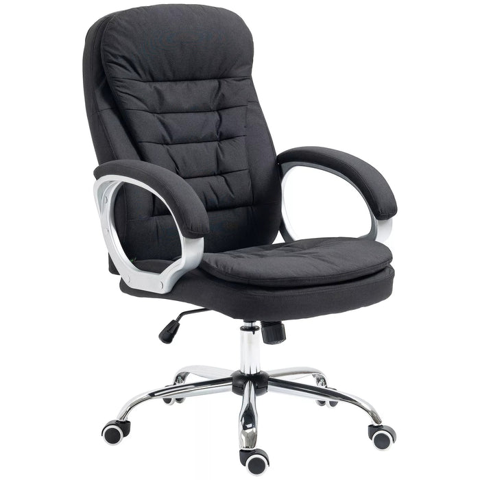 Image of a Vinsetto Executive Office Desk Chair With Wheels Wrapped in Black Linen Fabric With 360° Swivel Wheels, Padded Armrests and Adjustable Height. Suitable For Home or Office.