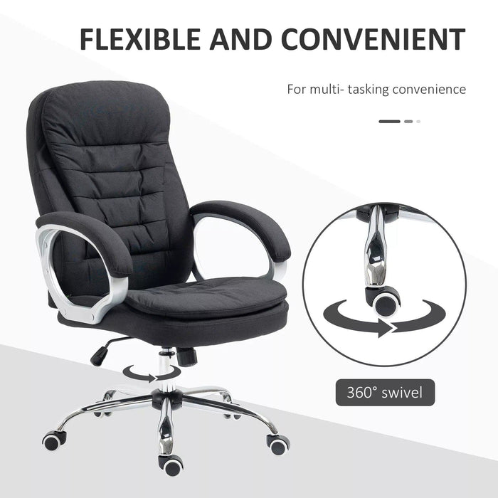 Image of a Vinsetto Executive Office Desk Chair With Wheels Wrapped in Black Linen Fabric With 360° Swivel Wheels, Padded Armrests and Adjustable Height. Suitable For Home or Office.