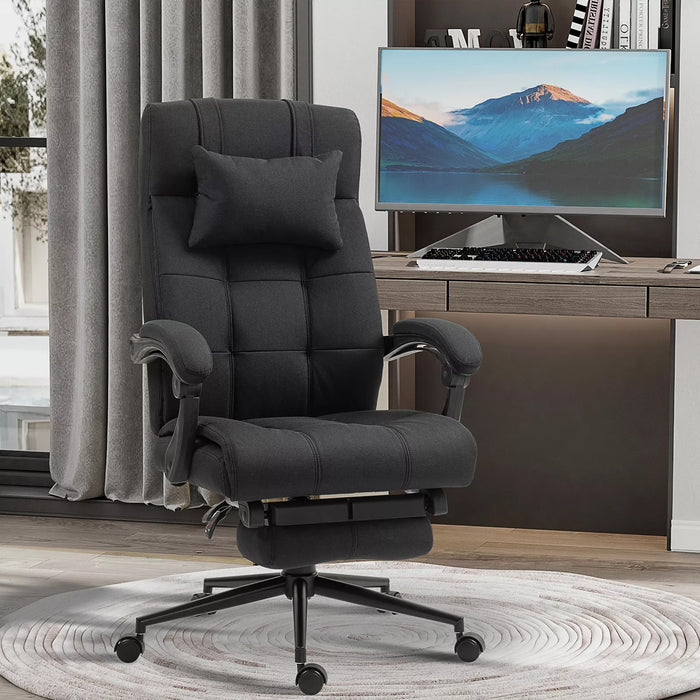 Image of a Black Vinsetto Executive Office Chair With Foot Rest, Neck Pillow, Padded Arm Rests, Swivel Wheels, Adjustable Height and Tilt. Suitable for Home or Office.