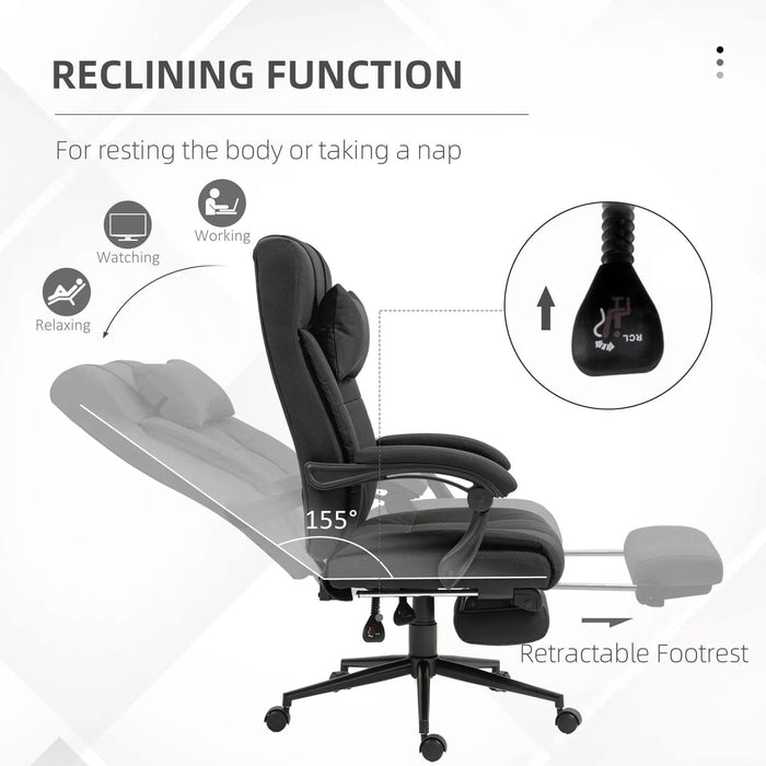 Image of a Black Vinsetto Executive Office Chair With Foot Rest, Neck Pillow, Padded Arm Rests, Swivel Wheels, Adjustable Height and Tilt. Suitable for Home or Office.