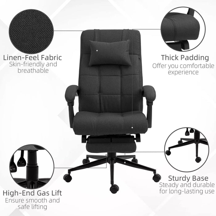 Image of a Black Vinsetto Executive Office Chair With Foot Rest, Neck Pillow, Padded Arm Rests, Swivel Wheels, Adjustable Height and Tilt. Suitable for Home or Office.