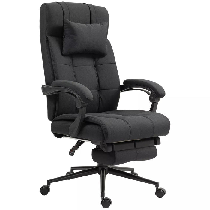 Image of a Black Vinsetto Executive Office Chair With Foot Rest, Neck Pillow, Padded Arm Rests, Swivel Wheels, Adjustable Height and Tilt. Suitable for Home or Office.