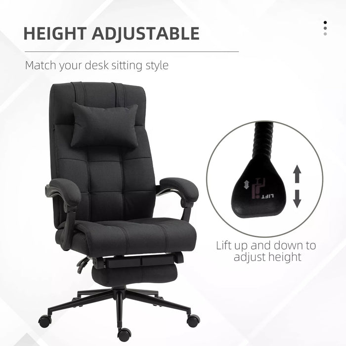 Image of a Black Vinsetto Executive Office Chair With Foot Rest, Neck Pillow, Padded Arm Rests, Swivel Wheels, Adjustable Height and Tilt. Suitable for Home or Office.