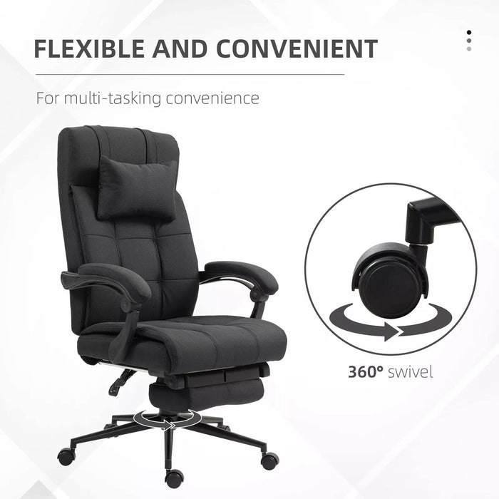 Image of a Black Vinsetto Executive Office Chair With Foot Rest, Neck Pillow, Padded Arm Rests, Swivel Wheels, Adjustable Height and Tilt. Suitable for Home or Office.