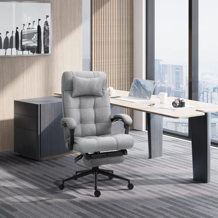 Image of a Grey Vinsetto Executive Office Chair With Foot Rest, Neck Pillow, Padded Arm Rests, Swivel Wheels, Adjustable Height and Tilt. Suitable for Home or Office.