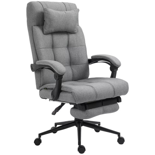 Image of a Grey Vinsetto Executive Office Chair With Foot Rest, Neck Pillow, Padded Arm Rests, Swivel Wheels, Adjustable Height and Tilt. Suitable for Home or Office.