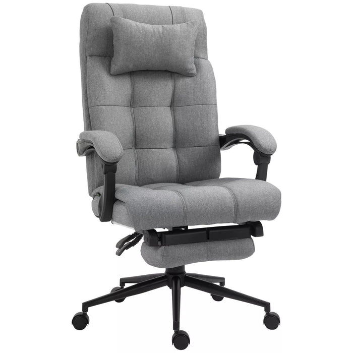 Image of a Grey Vinsetto Executive Office Chair With Foot Rest, Neck Pillow, Padded Arm Rests, Swivel Wheels, Adjustable Height and Tilt. Suitable for Home or Office.