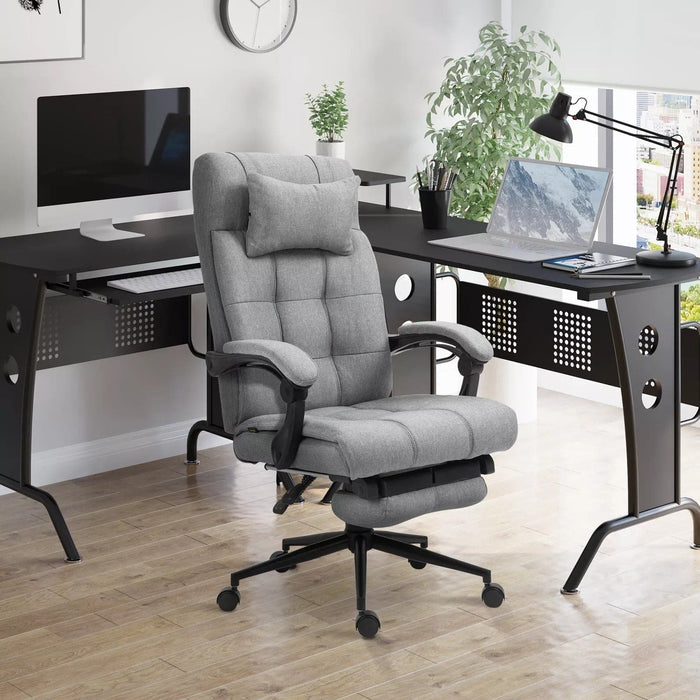 Image of a Grey Vinsetto Executive Office Chair With Foot Rest, Neck Pillow, Padded Arm Rests, Swivel Wheels, Adjustable Height and Tilt. Suitable for Home or Office.