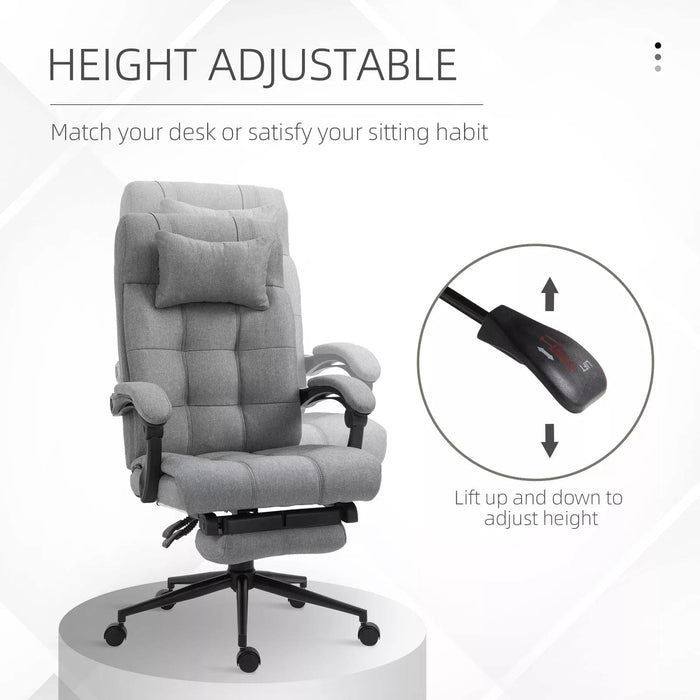 Image of a Grey Vinsetto Executive Office Chair With Foot Rest, Neck Pillow, Padded Arm Rests, Swivel Wheels, Adjustable Height and Tilt. Suitable for Home or Office.