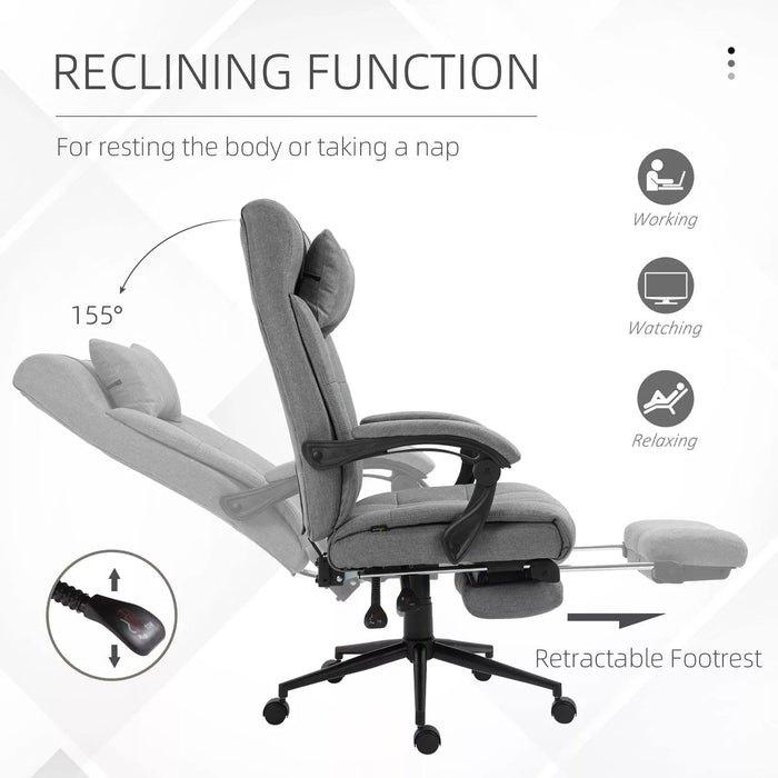 Image of a Grey Vinsetto Executive Office Chair With Foot Rest, Neck Pillow, Padded Arm Rests, Swivel Wheels, Adjustable Height and Tilt. Suitable for Home or Office.